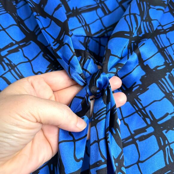 Vintage Allison Taylor 100% Silk Blue Tie Neck Balloon Sleeve Blouse Women's L - Picture 5 of 8